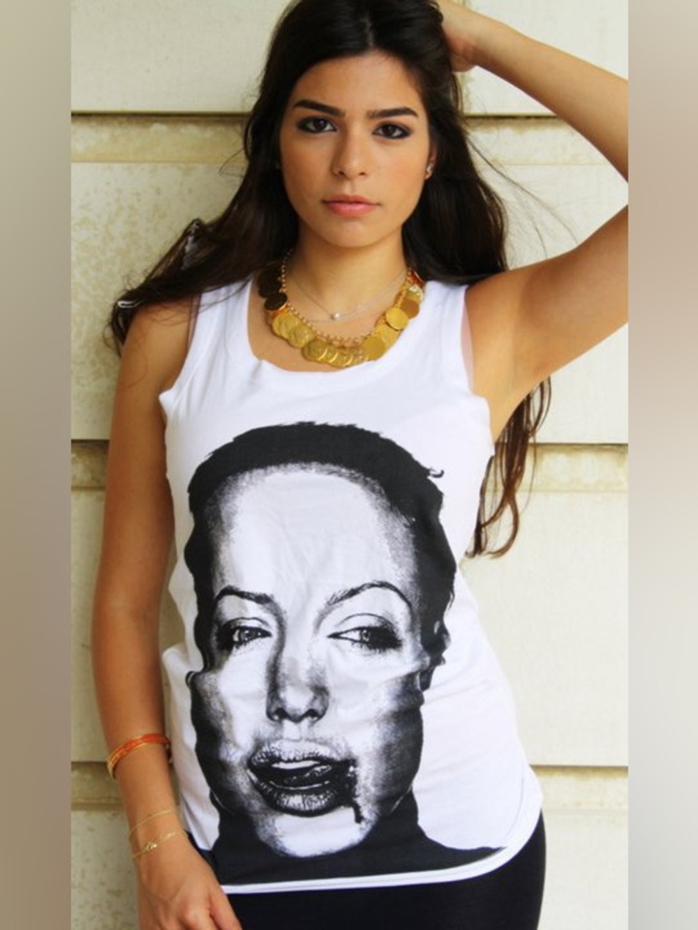 Women's White Graphic Face Print Tank Top - Bold Monochrome Design